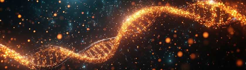 Wall Mural - ** glowing dna helix with sparkling particles on dark background representing genetic science and bi