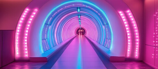 Wall Mural - ** futuristic neon tunnel with vibrant pink and blue lights creating a sci-fi atmosphere..**