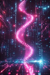 Wall Mural - futuristic neon dna helix in digital space with glowing lights and reflective surfaces