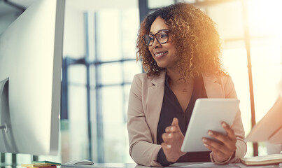 Aufkleber - Real estate agent, computer or businesswoman in office for research, online opportunity or listing services. Lens flare, tablet or realtor on housing website to check apartment post or property ads