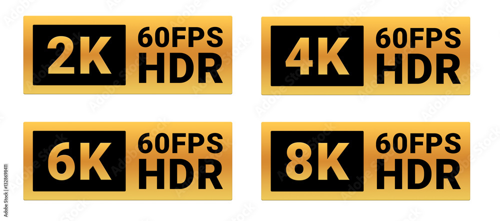 Golden Media Resolution Badges Set: 2K 60 FPS HDR, 4K 60 FPS HDR, 6K 60 ...