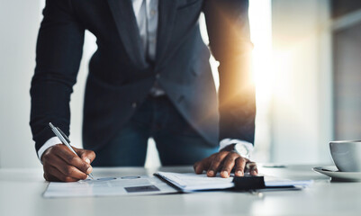 Aufkleber - Businessman, writing or documents with contract for corporate agreement or legal policy in office. Signature, man or accountant with paperwork for company assets, report or compliance at workplace