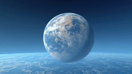Wall Mural - A single planet floats above a pale blue ocean landscape