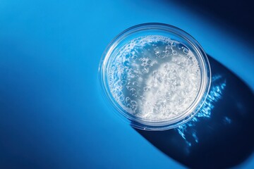 Aufkleber - Bubbles rise in a clear vessel filled with sparkling water on a vibrant blue surface under soft lighting