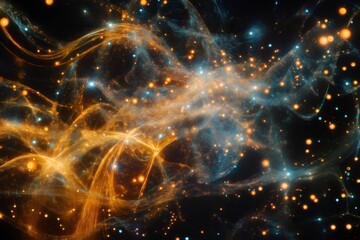 Wall Mural - Abstract representation of a nebula with golden and blue lights, creating a mesmerizing cosmic scene