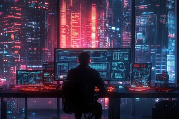 Futuristic Cybersecurity Expert Analyzing Data in a High-Tech Urban Environment at Night