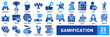 © Sien - Gamification icon set. with icon gamification, trophy, knowledge, start, approval, rocket, strategy, leaderboard, player, level up, crown, working, online game, learning, gamepad, ruler, knowledge