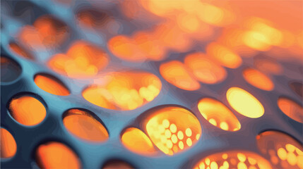 Close-up macro shot of a metallic mesh or lattice structure. The mesh is predominantly dark blue or teal, with numerous circular perforations.  Behind the mesh, a warm, orange-yellow light source