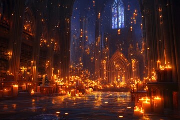 Poster - Stunning candlelit library with magical atmosphere and glowing lights during nighttime