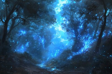 Leinwandbilder - Enchanting forest path illuminated by glowing blue lights at dusk