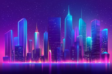 Poster - Vibrant city skyline with neon lights illuminating modern skyscrapers at night
