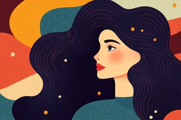 Aufkleber - Woman with flowing hair and vibrant abstract background showcasing creativity and beauty in art
