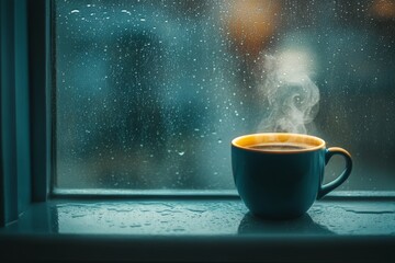 Aufkleber - Warm coffee cup sits on windowsill as rain falls outside creating a cozy atmosphere in the evening