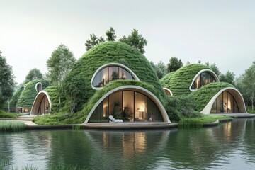 Poster - Unique eco-friendly homes blend seamlessly into nature by a serene waterway in a lush green landscape