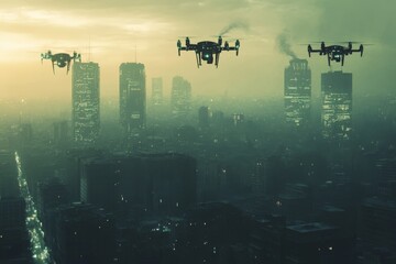 Poster - Drones patrol urban skyline at twilight with hazy skyscrapers and city lights in the background