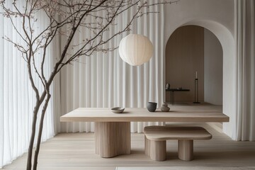 Leinwandbilder - Minimalistic indoor dining area with natural elements in neutral tones during daylight