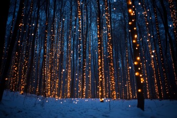 Aufkleber - Enchanting winter forest illuminated by warm lights creating a magical evening atmosphere