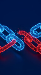 Broken Chain: Weak Link, Digital Security Breach, Cybersecurity Risk, Vulnerability, Connection Failure, Disruption, Neon Glow Art