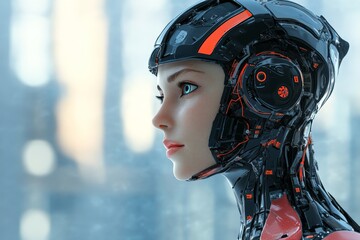 Poster - Futuristic humanoid robot showcasing advanced technology in a sleek urban environment