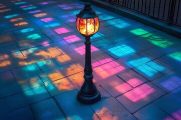 Aufkleber - Colorful reflections illuminate a city street with a vintage lamp at dusk