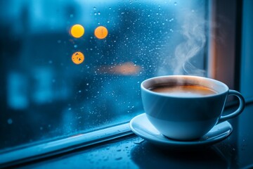 Aufkleber - Hot coffee sits on a windowsill as rain pours outside during a cozy evening