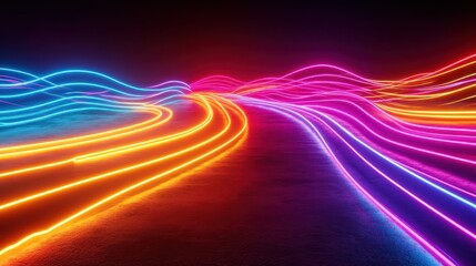 Wall Mural - vibrant neon trails converge on dark road, digital art background