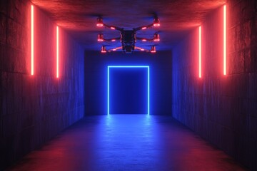 Poster - Futuristic hallway with glowing lights and hovering drone in a dark environment at night