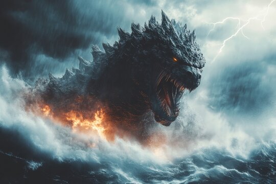 Giant creature emerges from turbulent ocean with roaring fury under stormy sky