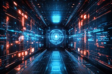 Poster - Futuristic corridor filled with glowing blue and orange digital elements in a high-tech environment