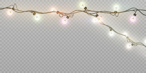 Leinwandbilder - Bright lights of Christmas garland isolated on transparent background. New Year and Christmas decoration for design and illustrations.