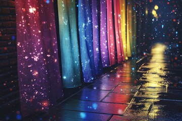 Poster - Vibrant colors reflected on wet pavement at night, creating a magical atmosphere in an outdoor setting