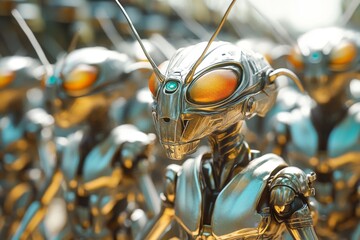 Fototapete - Display of futuristic robot figures with glossy metallic surfaces and vibrant eyes in an industrial setting during daylight