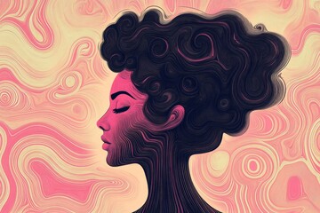 Aufkleber - Stylized portrait of a woman with textured hair surrounded by swirling colors and patterns
