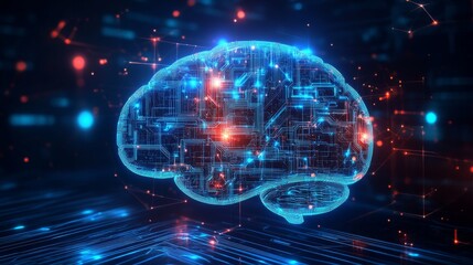 Aufkleber - An artistic depiction of a human brain made of interconnected digital circuits and glowing lines, symbolizing advanced technology and artificial intelligence.