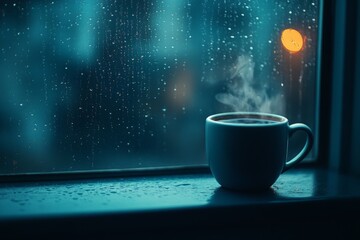 Aufkleber - Steam rising from a warm mug as rain falls outside a cozy window at dusk