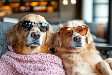 Wall Mural - golden retrievers relax in cozy setting wearing stylish sunglasses during a sunny day indoors