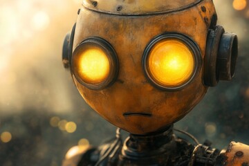 Poster - Unique robotic character with glowing eyes stands against a dramatic atmospheric background at sunset