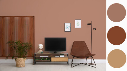 Aufkleber - Stylish living room with elements in mocha mousse shade. Interior design and matching color palette