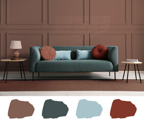 Poster - Stylish living room with elements in mocha mousse shade. Interior design and matching color palette