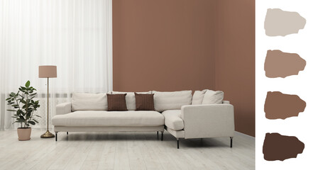 Poster - Stylish living room with elements in mocha mousse shade. Interior design and matching color palette