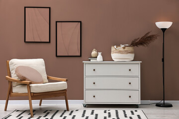 Poster - stylish living room with elements in mocha mousse shade. interior design with trendy color of 2025 y