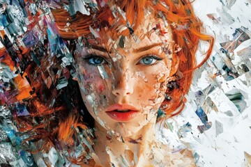 Leinwandbilder - Artistic representation of a woman's face composed of fragmented colors and textures in a modern style