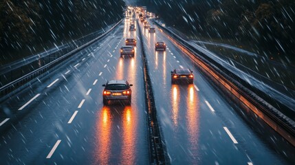 Aufkleber - A dramatic scene of a rain-soaked expressway with reflective road surfaces and headlights creating glistening patterns, highlighting the challenging driving conditions.