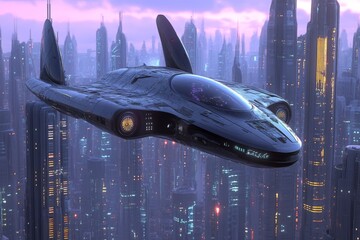 Poster - Futuristic spacecraft soaring above a vibrant cityscape at twilight with towering skyscrapers and glowing lights