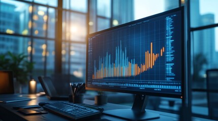 Leinwandbilder - A dynamic shot of a D financial bar chart displayed on a large monitor, showing interactive columns and detailed data analysis in a modern office setting.