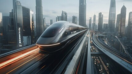 Poster - A futuristic high-speed train gliding smoothly on elevated tracks above a bustling city, with skyscrapers and urban life below.