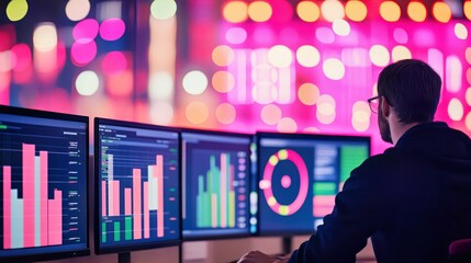Modern digital business analytics. Technology with data and charts. Graphs and finance in analysis. Screens with computer monitor, office setting. Neon colorful interface for corporate insights.