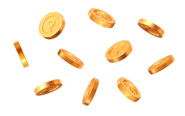 Wall Mural - 3d flying golden golden question mark coins with different angles. stock vector illustration on isol