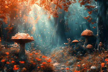 Poster - Enchanted forest with vibrant mushrooms and radiant autumn foliage during golden hour light