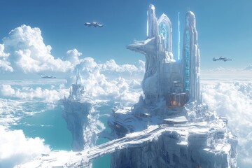 Poster - Futuristic city skyline with towering structures and advanced technology amidst fluffy clouds and bright blue skies